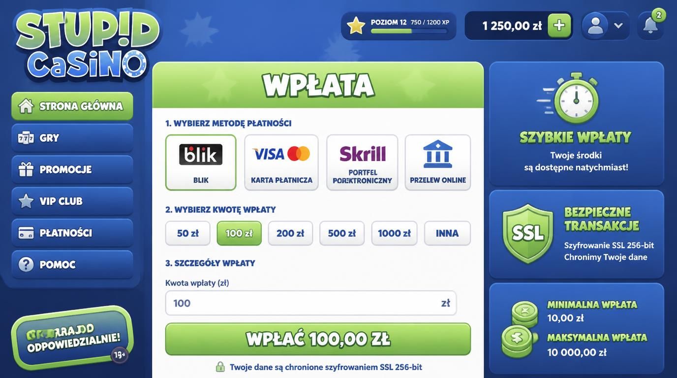 Interfejs wpłaty w kasynie pokazujący szybkie, bezpieczne opcje płatności w Polsce