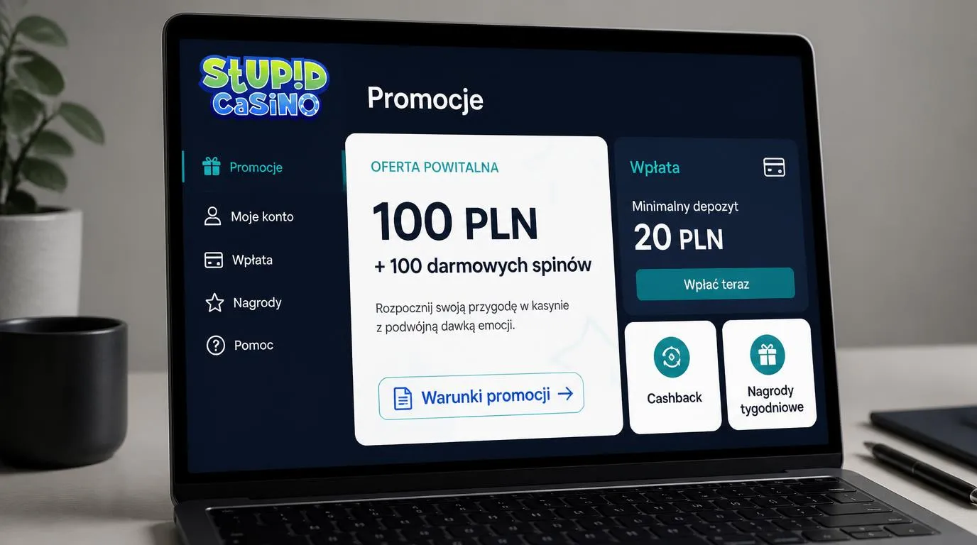 Panel promocji z ofertą 100 PLN i 100 darmowych spinów oraz oznaczeniem minimalnego depozytu 20 PLN
