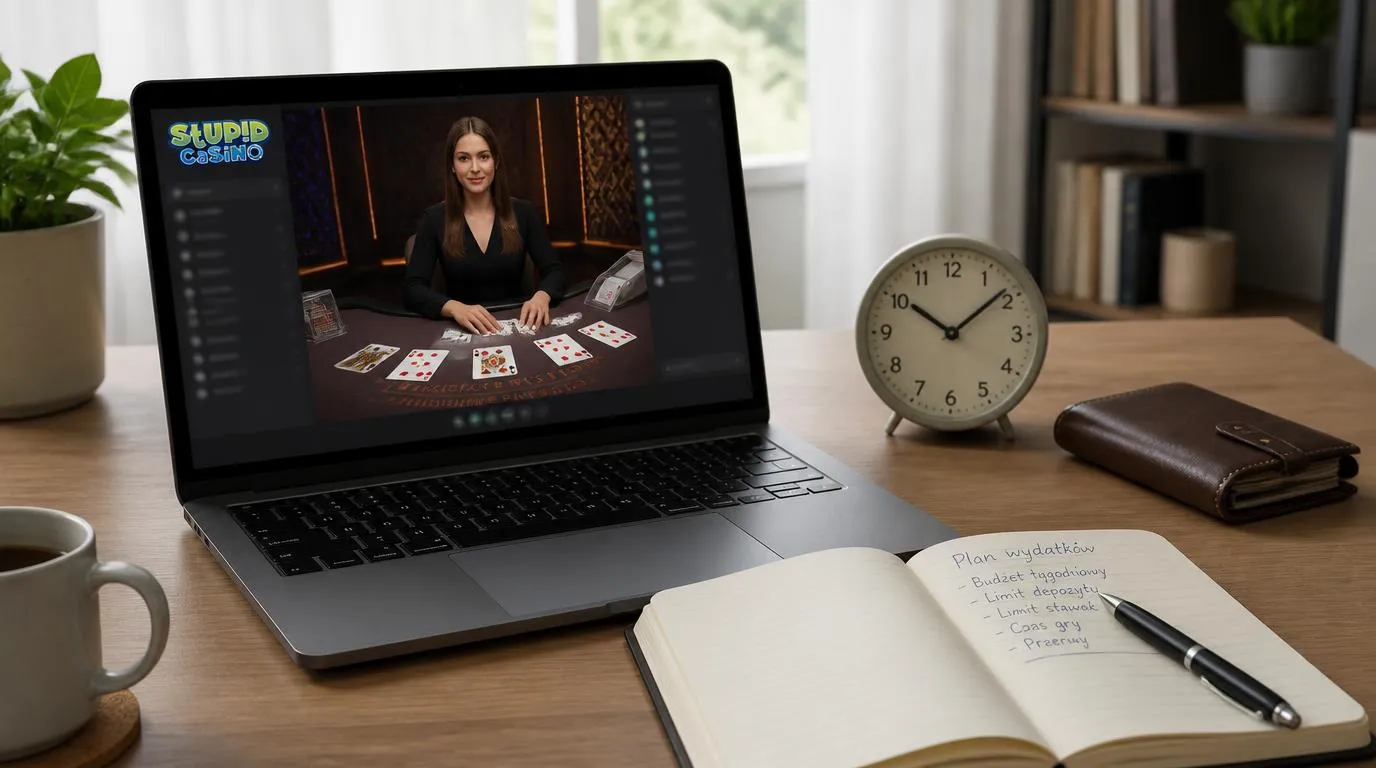 Laptop z grą z krupierem na żywo obok zegara i notesu do planowania budżetu rozrywkowego
