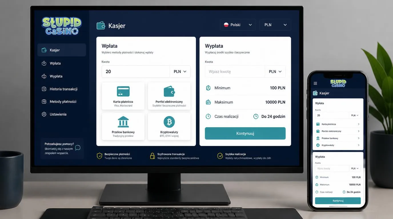 Panel kasy kasyna z kwotą w PLN, wyborem płatności i polską wersją językową